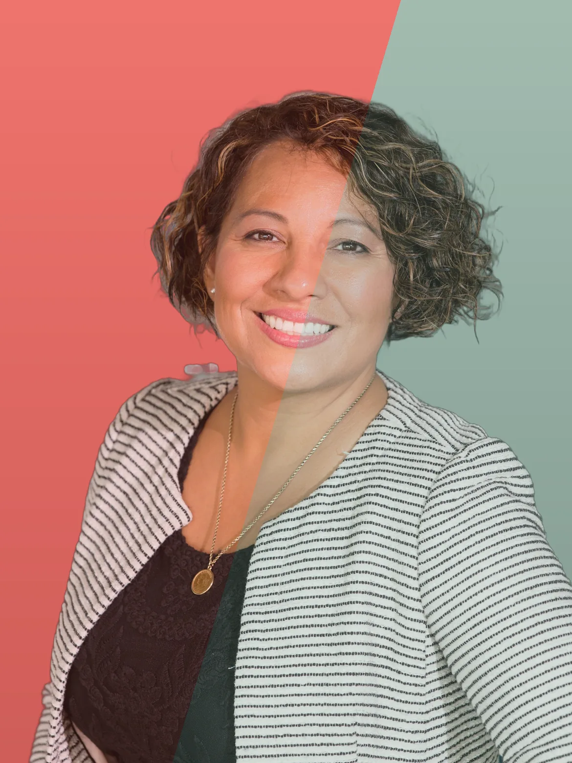 A smiling customer service agent, half in coral and half in green